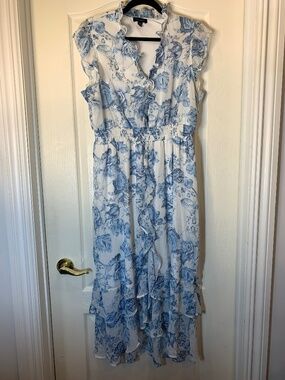 Tamara H Blue & White Floral Maxi Dress XL | Ruffle Trim Boho Cottagecore